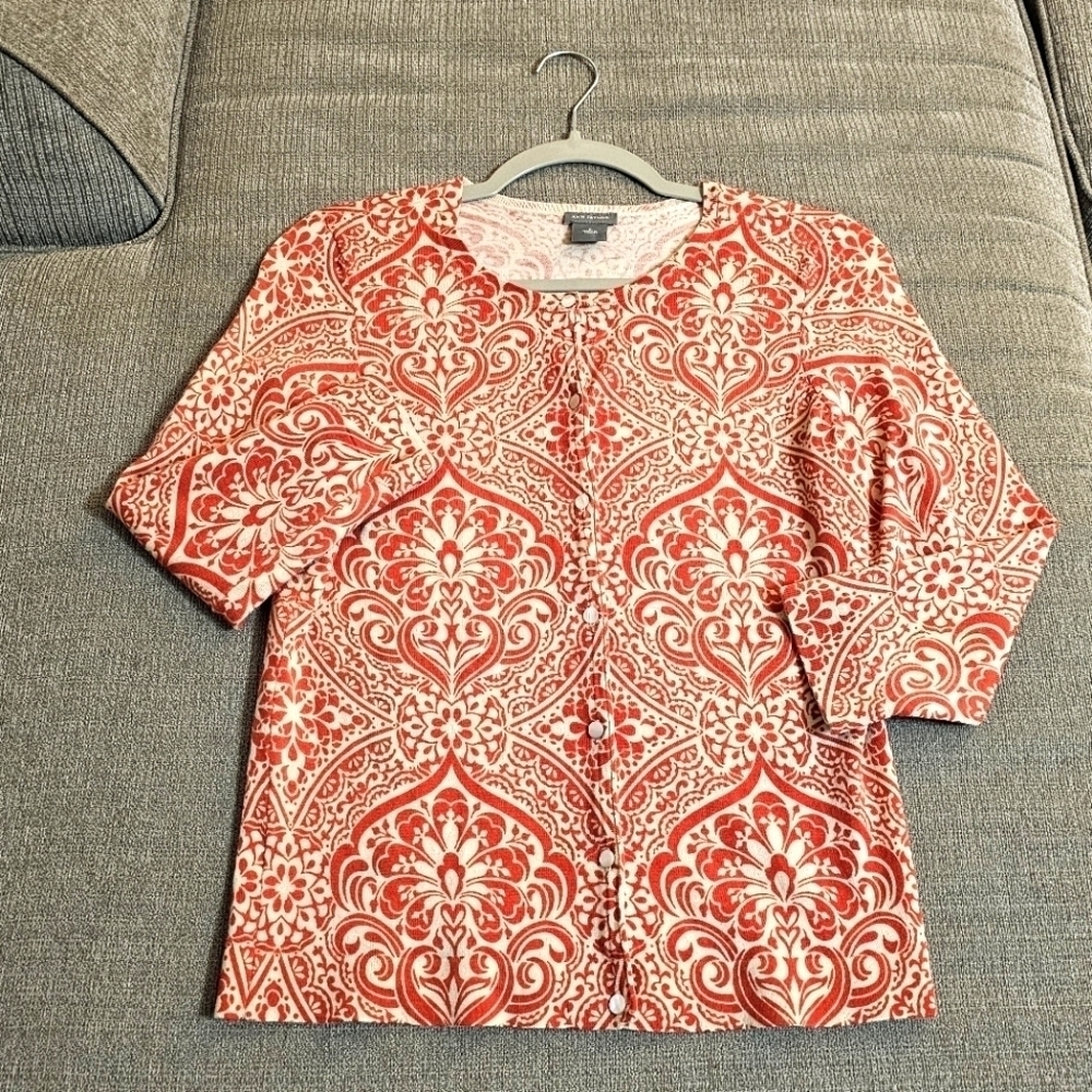 Ann Taylor Extra Fine Merino Wool Red Tan Boho Career Sweater Size Small